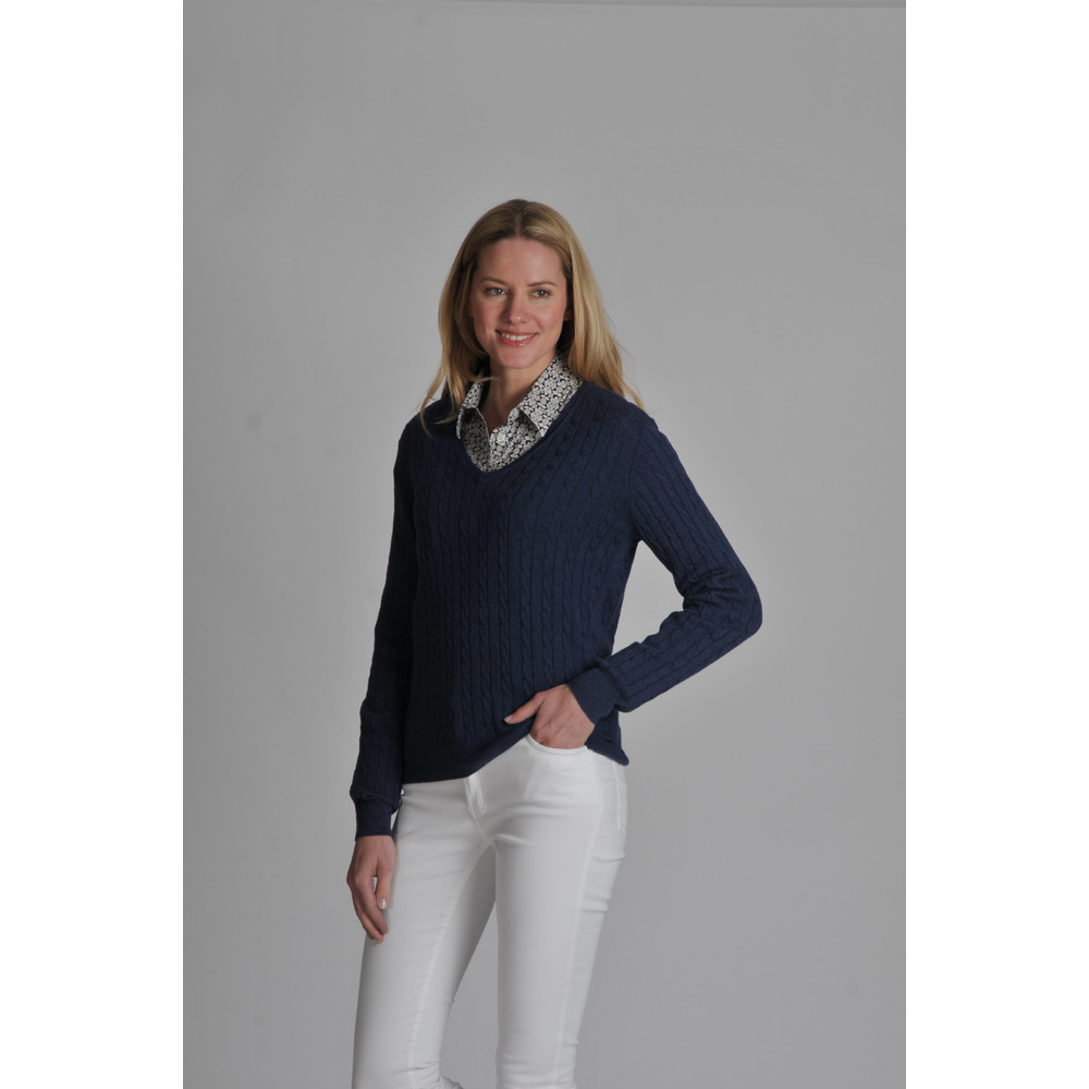 Cotton Cashmere Cable V Neck Indigo Cotton Cashmere Cable V Neck Indigo