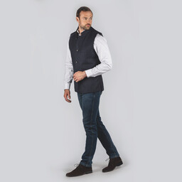 Nehru Tweed Waistcoat Navy Herringbone Tweed