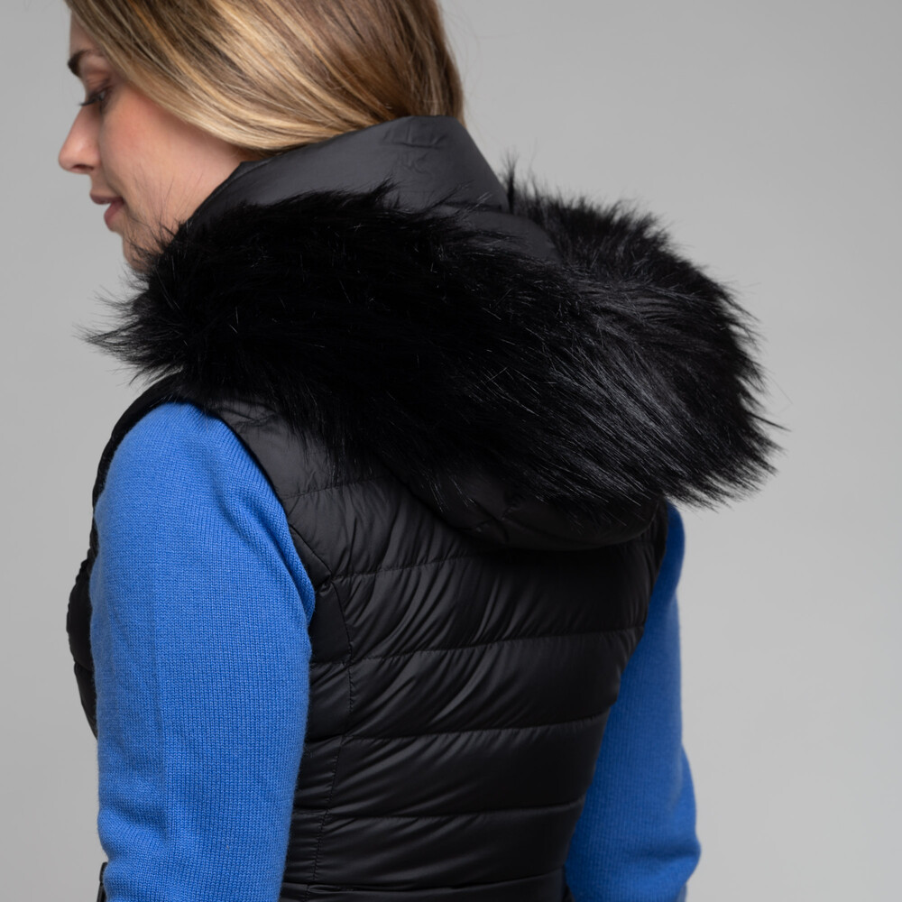 ladies black gilet with fur hood